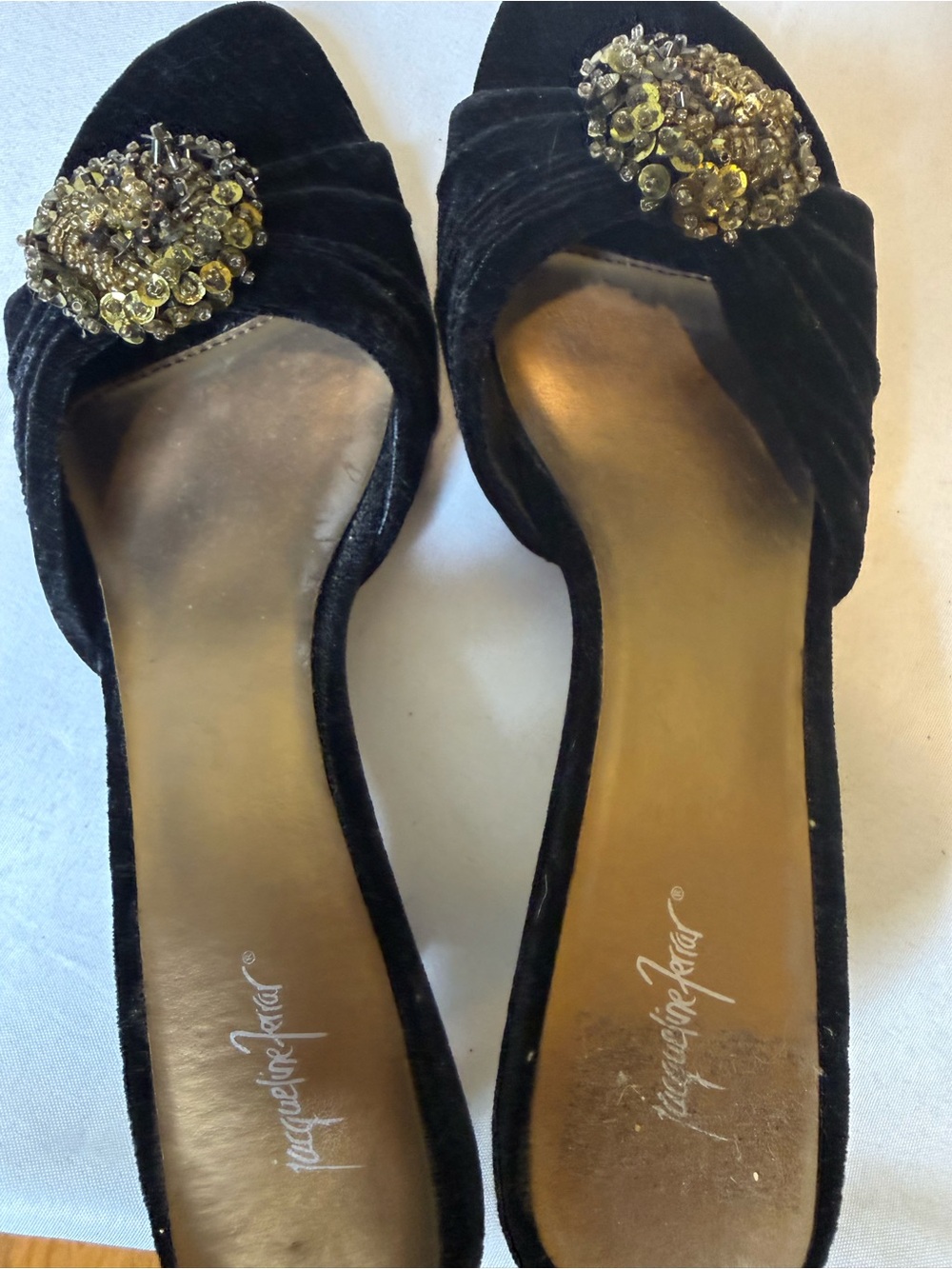 Vintage Black Velvet Easy On Heels with Gold Sequin Flowers Jacqueline Ferrar